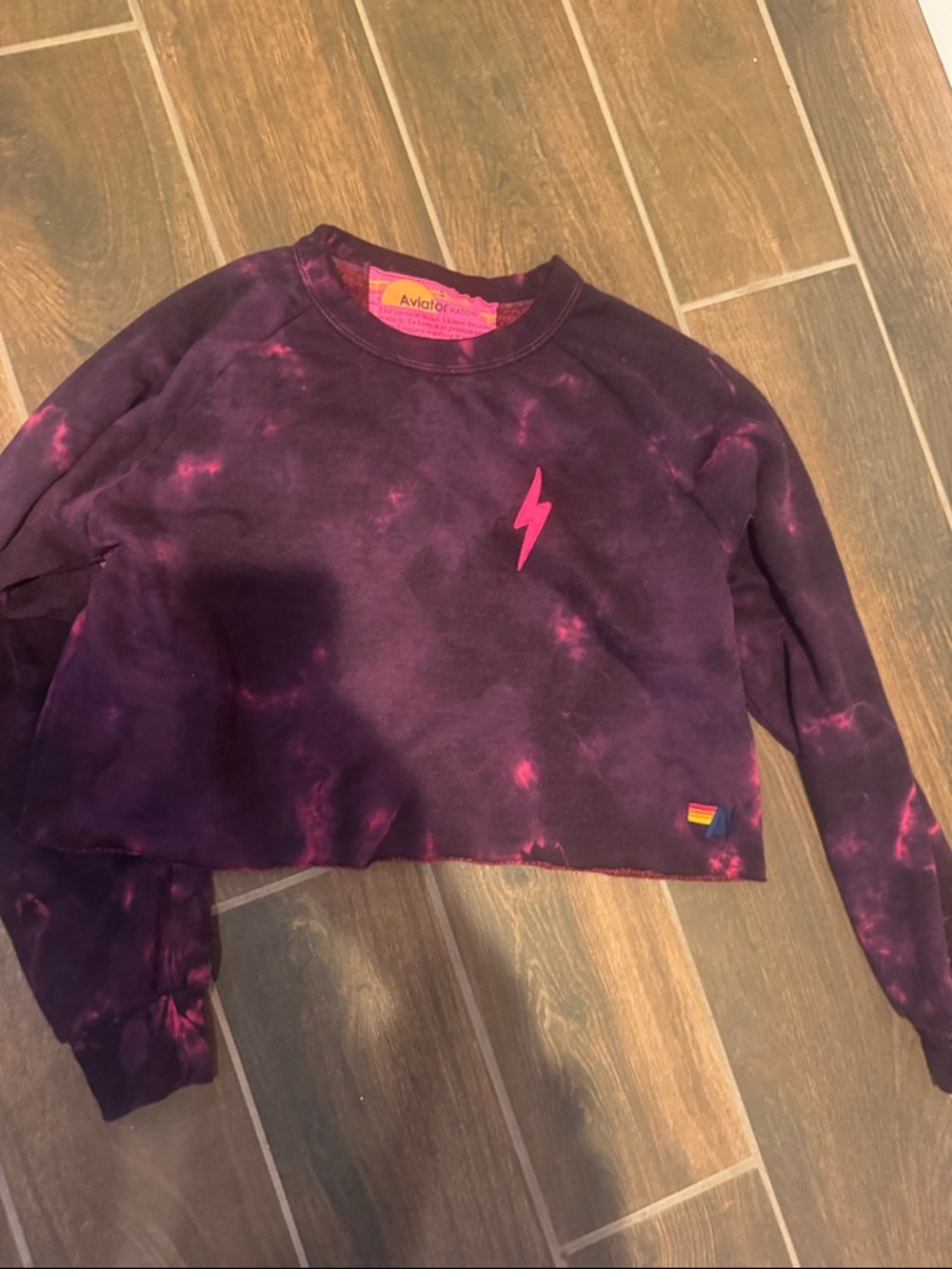 Aviator Nation Purple Tie-Dye Cropped Crewneck with Pink Lightning Bolt